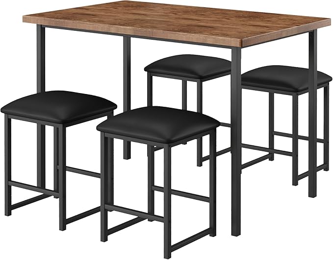 VECELO Kitchen Table and Chairs for 4, Dining Room Set with PU Chairs/Stools, Heavy-Duty Metal Frame, Wooden Tabletop, Space-Saving Design for Small Spaces, Easy Assembly, Rustic Brown