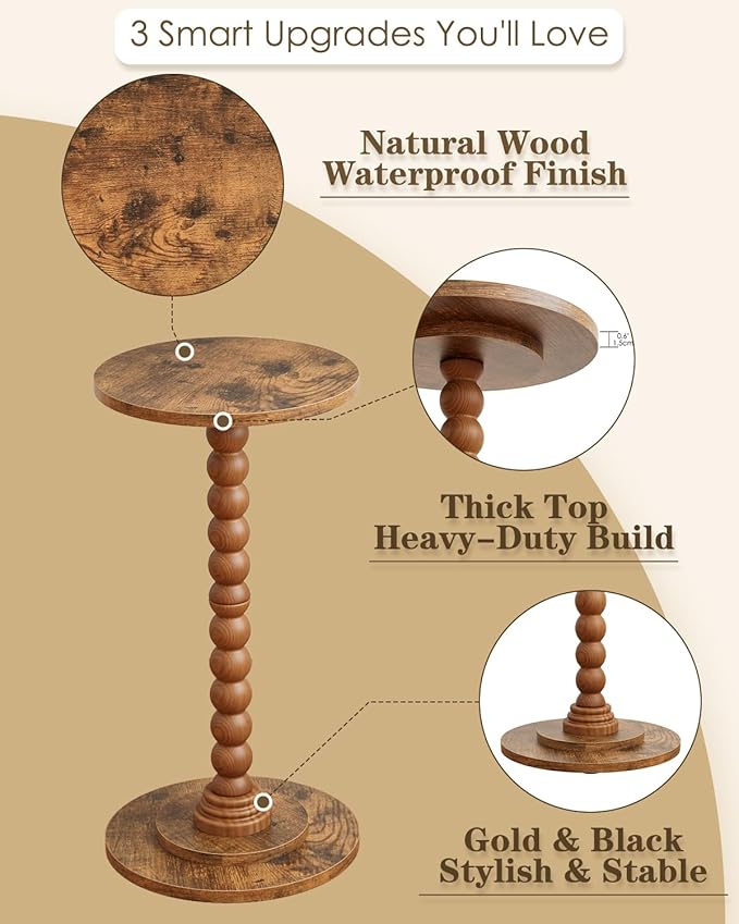 Masupu Round Side Table, Small Drink Table for Small Spaces, Pedestal End Table with Solid Wood Leg for Living Room, Bedroom, Corners(Rustic Brown)