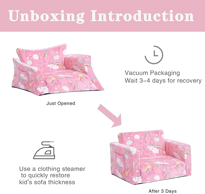 Tiita Kids Chair Couch, Folding Toddler Comfy Chair, 2-in-1 Kids Plush Sofa Fold Out, Baby Armrest Sofa to Lounger, Convertible Play Sofas to Bed for Girl or Boy, Pink Rainbow
