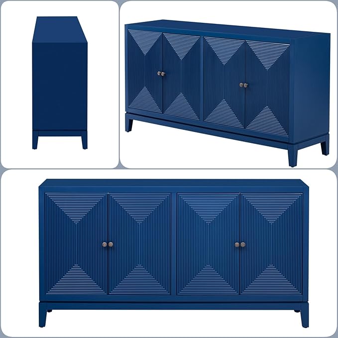 Merax 60" Sideboard Buffet Storage Cabinet with 4 Doors and Adjustable Shelves, Modern Wooden Accent Fluted Credenza Console Table for Kitchen, Dining, Living Room, Coffee Bar, Entryway, Navy Blue