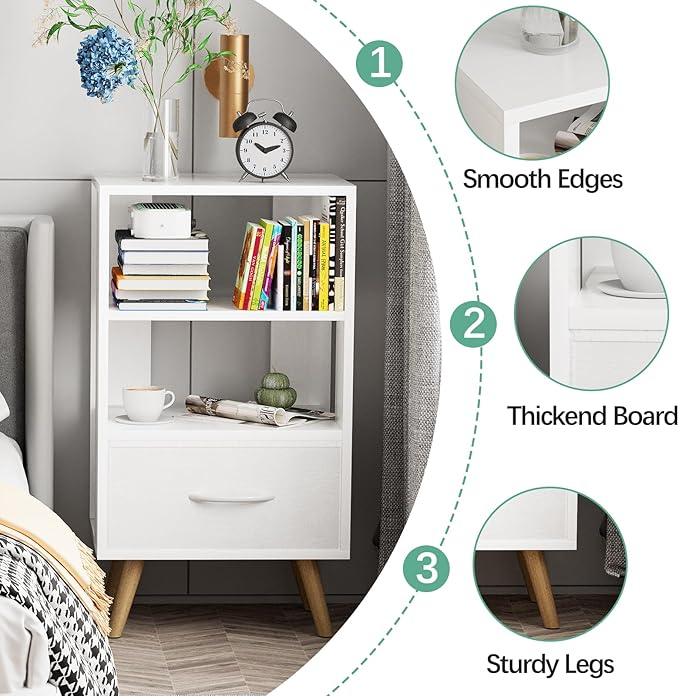 Night Stand, White Kids Nightstand with Drawer, Nursery Side Table with Open Storage, 3-Tier Modern End Table, Bedside Table for Small Space, Living Room, Bedroom