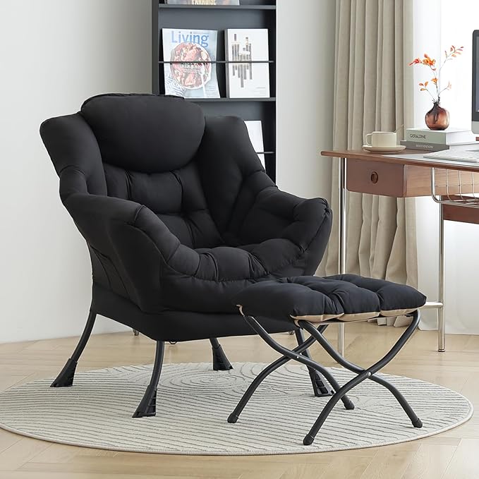 LITA Lazy Chair With Ottoman, Modern Accent Leisure Upholstered Sofa, Contemporary Lounge Reading With Armrests and Side Pocket for Living Room, Bedroom & Small Space, Black