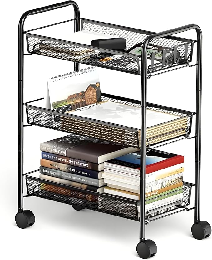 3 Tier Rolling Cart, Mesh Wire Utility Carts, Metal Storage Shelf with Wheels & 4 Side Hooks, for Laundry Room Organization, Kitchen, Living Room, Bathroom, Pantry, Dorm & Under Desk Storage