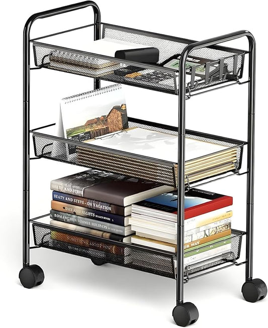 3 Tier Rolling Cart, Mesh Wire Utility Carts, Metal Storage Shelf with Wheels & 4 Side Hooks, for Laundry Room Organization, Kitchen, Living Room, Bathroom, Pantry, Dorm & Under Desk Storage