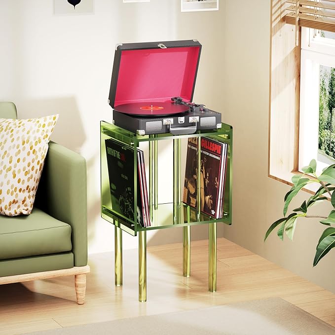 Acrylic Record Player Stand, with Vinyl Storage, Clear Acrylic Side Table, Pink (Green)