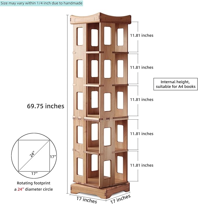 Wooden Rotating Bookshelf, Larger Solid Wood Revolving Bookcase,360°Spinning Book Shelf Tower,Floor Standing Storage Rack,Corner Organizer for Small Space,Study,Office,17"x17"x69.75"(5-Tier)