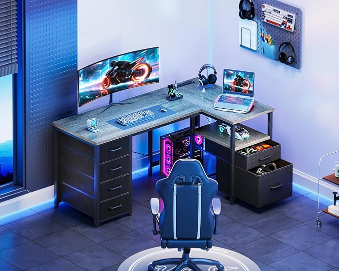Coleshome L Shaped Computer Desk with 6 Drawers & Power Outlet, 55 Inch Corner Desk with Reversible Storage Shelf & File Drawer, Home Office Desk, Grey Oak