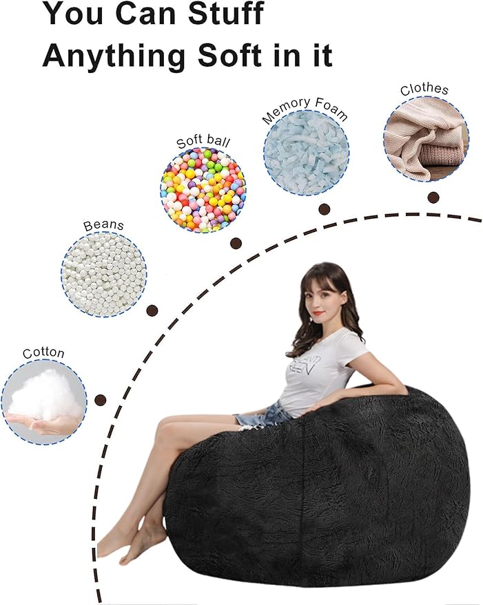 Bean Bag Chair for Adults Kids Without Filling Comfy Fluffy Giant Round Beanbag Lazy Sofa Cover for Reading Chair Floor Chair, 5FT, Black