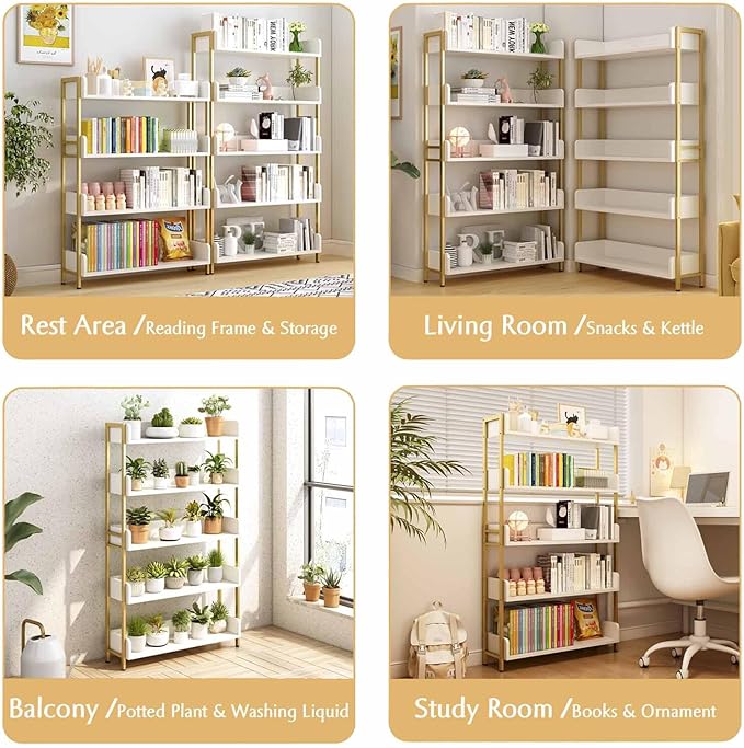 Wide Open Shelf Bookcase - Modern 5-Tier Floor Standing Display Bookshelf with Top Edge for Home and Office, Storage Shelving in Warm White with Gold Frame