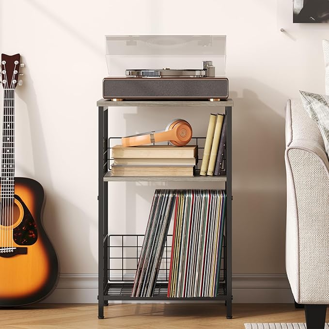 X-cosrack Record Player Stand with Storage Up to 100 Albums, 3 Tier Vinyl Record Storage for Living Room, Turntable Stand with Record Holder & Display Shelf(Patent Pending)(Greige & Black)