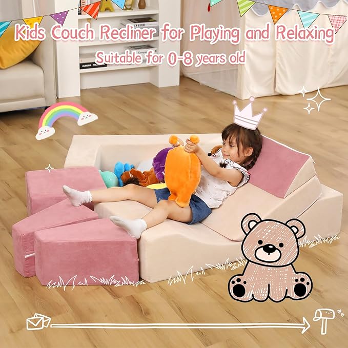 Modular Kids Play Couch, Kids Sofa Toddler Couch, Foam Play Set with Recliner, Toddler Sofa for Creative Boys & Girls, Convertible Foam Climbing Blocks