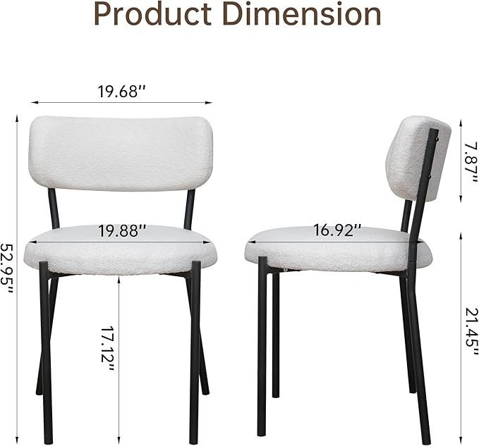 AWQM Dining Chairs Set of 2, Mid-Century Modern Kitchen Dining Room Chairs, Boucle Dining Chairs with Black Metal Legs for Kitchen, Living Room, White