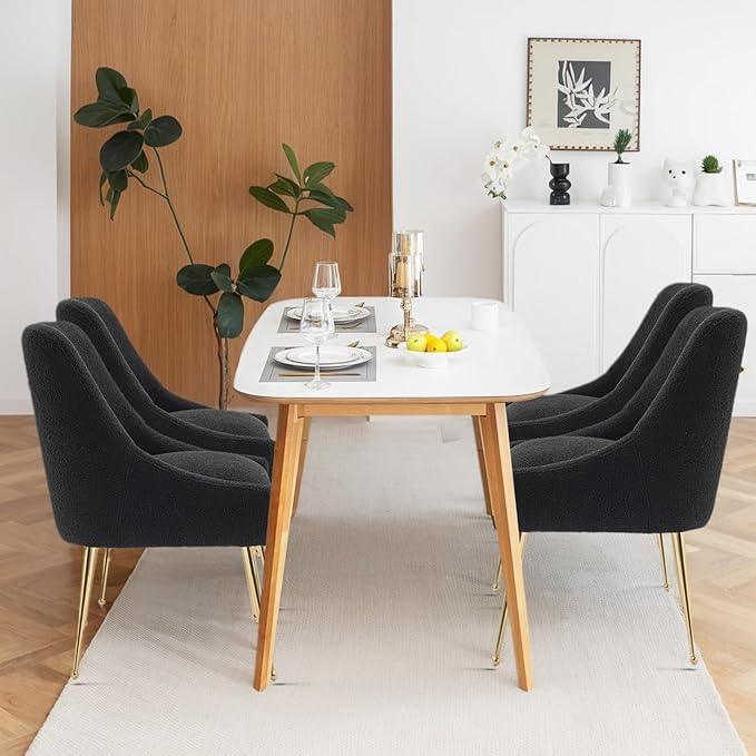 Dining Chairs Medieval Modern Restaurant Chairs, Soft Cushions, Teddy Velvet, Polished Gold Metal Legs, Kitchen Chairs, Living Room Black 2-Piece Set