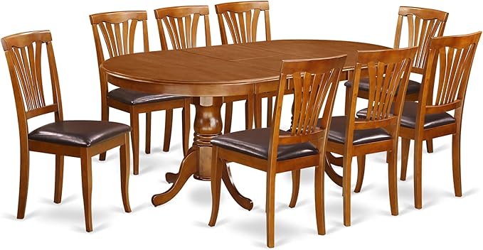 East West Furniture PLAV9-SBR-LC 9 Piece Dining Room Table Set Includes an Oval Kitchen Table with Butterfly Leaf and 8 Faux Leather Upholstered Dining Chairs, 42x78 Inch, Saddle Brown
