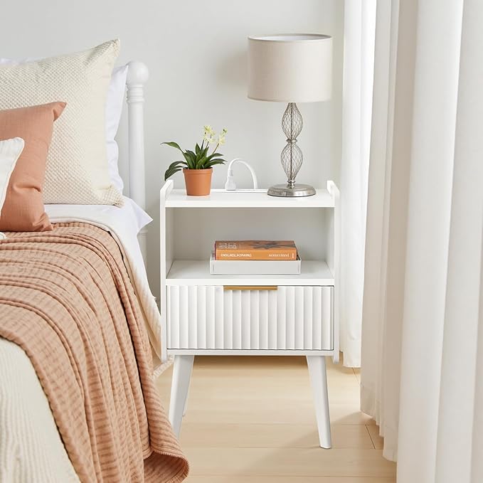Fluted Nightstand, End Table, Small Modern Bedside Table with Charging Station, Side Table with Drawer, for Small Spaces, Bedroom, Living Room, White ETWT61E01N1