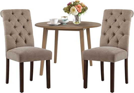 COLAMY 3-Piece Extendable Dining Table Set for 2, 36" Kitchen Round Wood Table with 2 Tufted Dining Room Chairs,Light Brown/Taupe