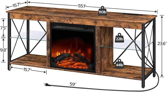 HOOBRO Fireplace TV Stand with Charging Station and LED Lights, TV Stand with Fireplace for TVs up to 65", Entertainment Center with Fireplace, Glass Shelves, Rustic Brown and Black BF140UDDS01