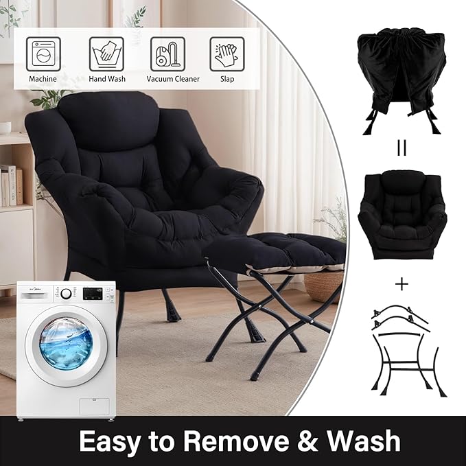 Lazy Chair with Ottoman, Large Modern Lounge Accent Chair with Armrests and Footrest, Reading Armchair with Ottoman, Leisure Sofa Chair for Living Room, Bedroom, Dorm Room, Office（Black）