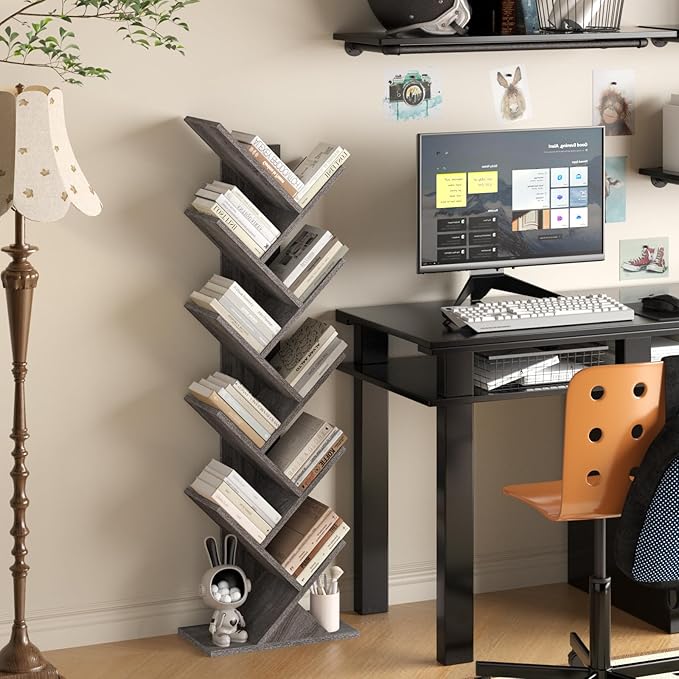 10 Tier Tree Book Shelf, Floor Standing Wood Bookshelf for Narrow Space, Storage Organizer Bookshelves for Books/CDs/Magazine, Bookcase with Shelves for Home Office, Living Room - Light Grey