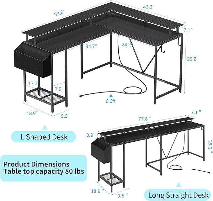 53inch L Shaped Desk,L Shaped Gaming Desk with Power Outlets & LED Lights, Computer Desk with Monitor Stand & Storage Bag, Home Office Desk Corner Desk with Hooks, Easy to Assemble, Black