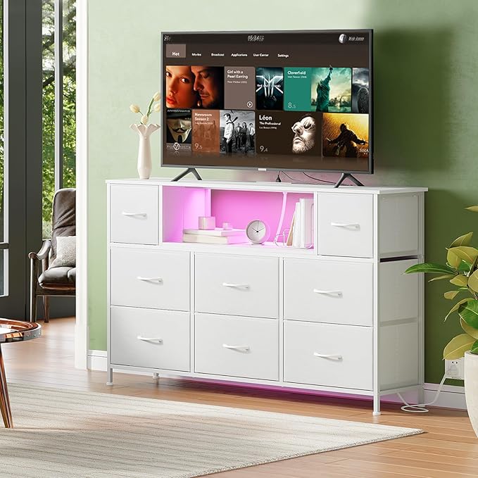 Somdot White TV Stand, Dresser for Bedroom for 55 inch TV with Charging Station and LED Lights, Media Console Table with 8 Drawers, Open Shelf, Adjustable Feet,Living Room Furniture