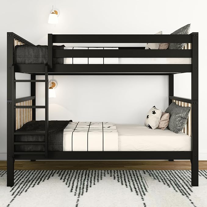 Max & Lily Bunk Bed, Scandinavian Modern Bunk Bed, Solid Wood Twin-Over-Twin Bed Frame for Kids, No Box Spring Needed, Black/Blonde