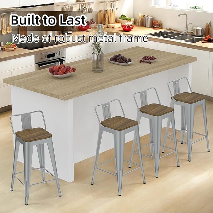 Silver Bar Stools Set of 4, Metal Bar Stools with Wooden Seat, Modern 24”Counter Height Barstools with Low Back