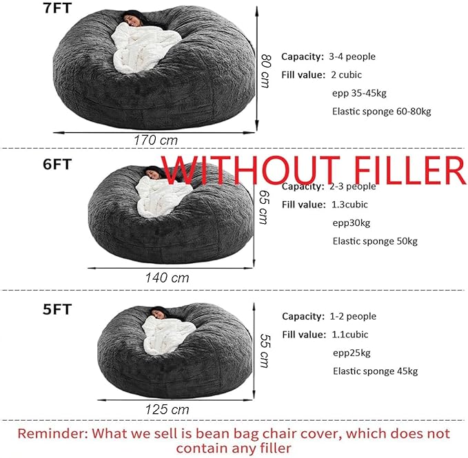 Bean Bag Chair for Adults Kids Without Filling Comfy Fluffy Giant Round Beanbag Lazy Sofa Cover for Reading Chair Floor Chair, 6FT, Grey