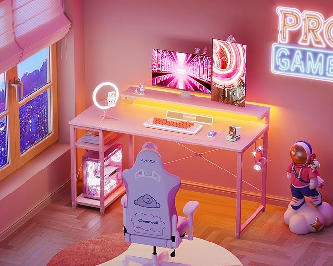 MOTPK 48 Inch Gaming Desk with Storage & Led Lights, Computer Desk with Power Outlet & Shelf, Reversible Gamer Desk with Adjustable Monitor Stand, Carbon Fiber Texture Pink