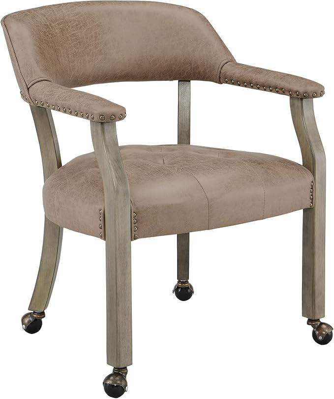 LEEMTORIG Large Dining Chairs with Casters and Arms, Rolling Dining Chairs with Wheels, Solid Wood Boss Caption's Chairs, 26" D x 25.2" W x 31.5" H, Grey Legs & Yellowish Brown Fabric SY-1318-LT