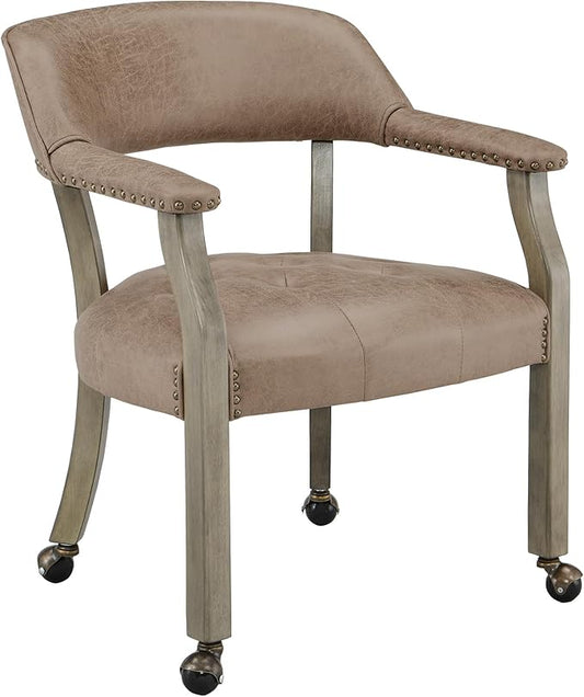 LEEMTORIG Large Dining Chairs with Casters and Arms, Rolling Dining Chairs with Wheels, Solid Wood Boss Caption's Chairs, 26" D x 25.2" W x 31.5" H, Grey Legs & Yellowish Brown Fabric SY-1318-LT