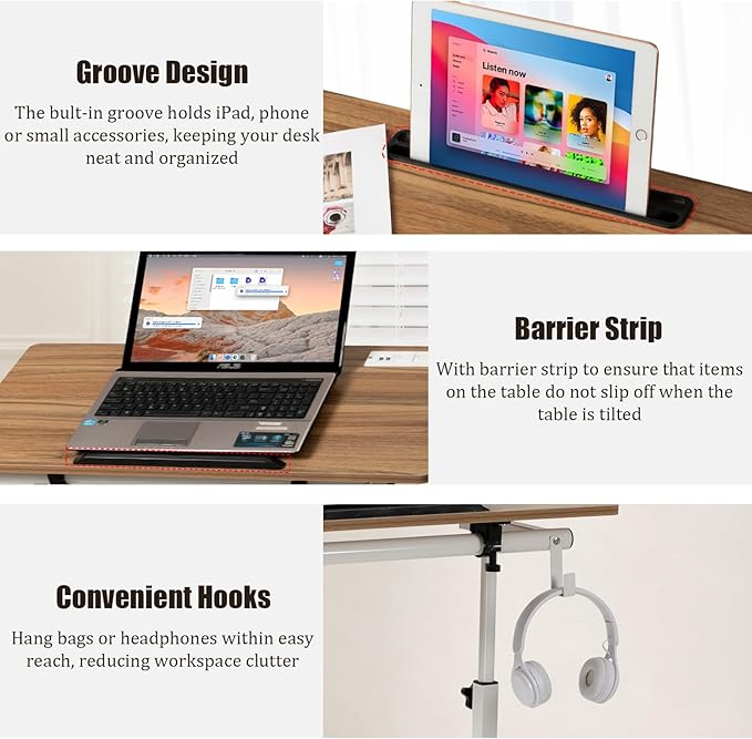 SIDUCAL Standing Desk Height Adjustable with Tiltable Tabletop, Rolling Laptop Desk with Charging Station, Sit Stand Portable Stand Up Desk with Wheels, Vintage Oak