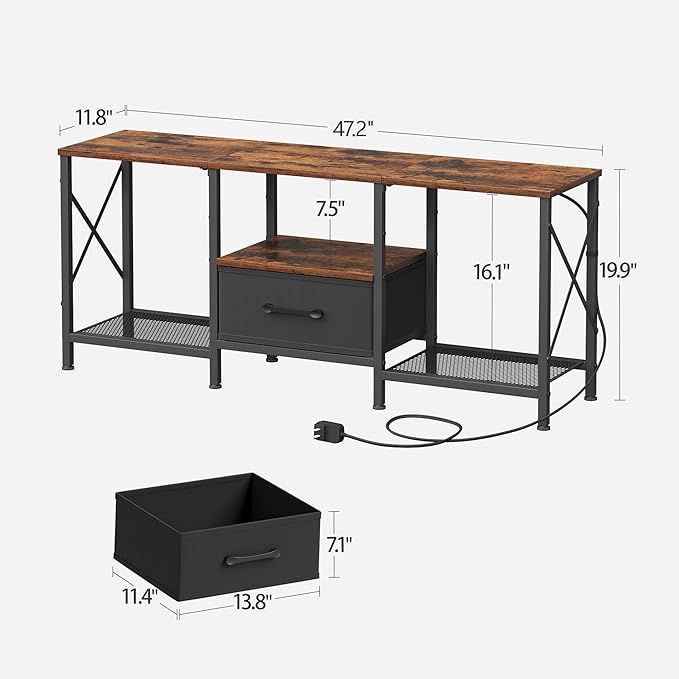 LED TV Stand with Fabric Drawer, Entertainment Center for 50 55 Inch TV, Industrial TV Console Table with Open Storage Shelves for Living Room, Bedroom, Rustic Brown