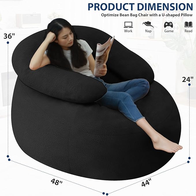 HABUTWAY Bean Bag Chair with U-Shaped Pillow for Adult and Kids Big BeanBag Chair with Filling Ultra Soft Faux Fur Couch Chair with Washable Cover for Living Room Bedroom Office, Black & Black