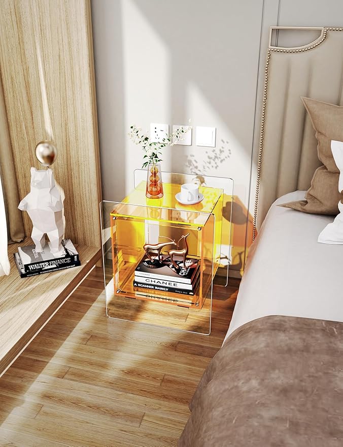 Acrylic Nightstand Colorful Bedside Table with Open Storage Shelf,Clear Side Table for Living Room (1, Yellow)