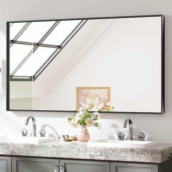Keonjinn Black Framed Bathoom Mirror 55 x 30 Inch Large Rectangle Vanity Wall Mirror for Over Sink Metal Frame Rectangular Bathroom Mirror Brushed Black Modern Farmhouse Mirror(Horizontal/Vertical)