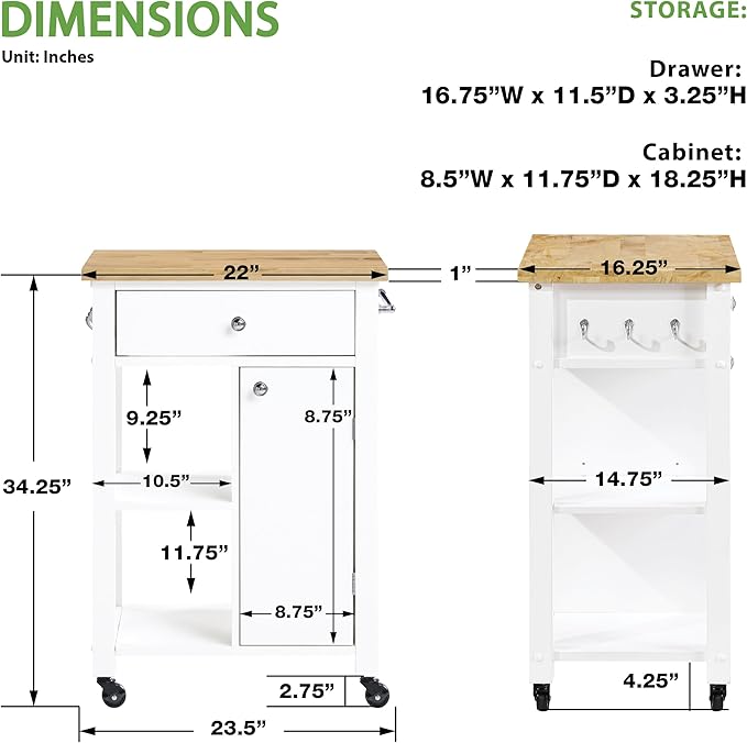 OSP Home Furnishings Derry Modern Farmhouse Kitchen Cart with Natural Butcher Block Top, Rolling Storage Cabinet with Drawer, Shelves, Hooks, White Finish