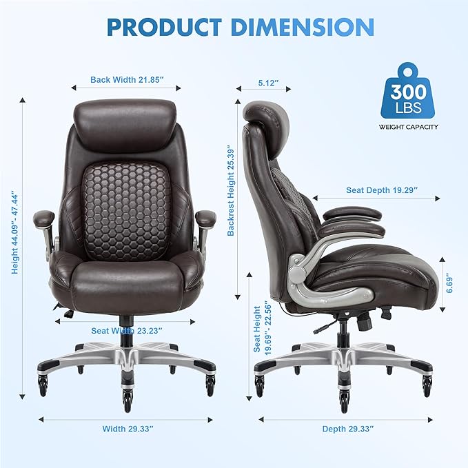 COLAMY Office Ergonomic Desk High Back Executive Chair with Pop-Out Lumbar Support, Upgraded Casters, Adjustable Headrest, Flip-Up Arms, Leather Home with Thick Cushion for Comfort - Brown