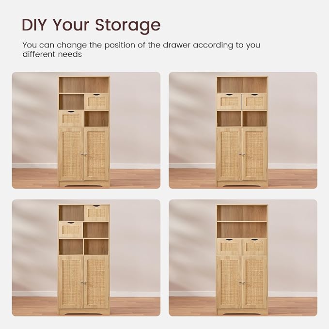 Iwell Tall Storage Cabinet, Rattan Cabinet with 2 Drawers & Adjustable Shelf, Kitchen Pantry Storage Cabient, Entryway Cabinet for Living Room, Dining Room, Home Office, Natural