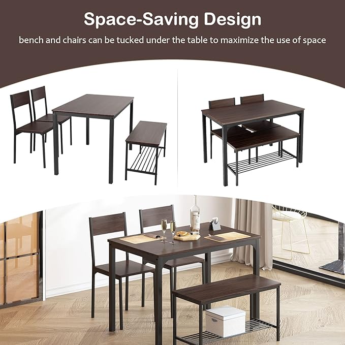 soges 4-Piece Dining Table Set with Bench - 4 Person Kitchen Table and 2 Chairs for Small Spaces, Apartment - Metal Frame & Woodgrain Tabletop, Space-Saving Design, Durable & Easy to Clean, Dark Oak