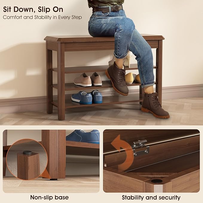 Shoe Rack Bench Seat Rubberwood 3-Tier Wooden Storage Bench 550lbs Compact Mid-Century Modern Design for Entryway, Hallway, Closet, Front Door Entrance, Foyer
