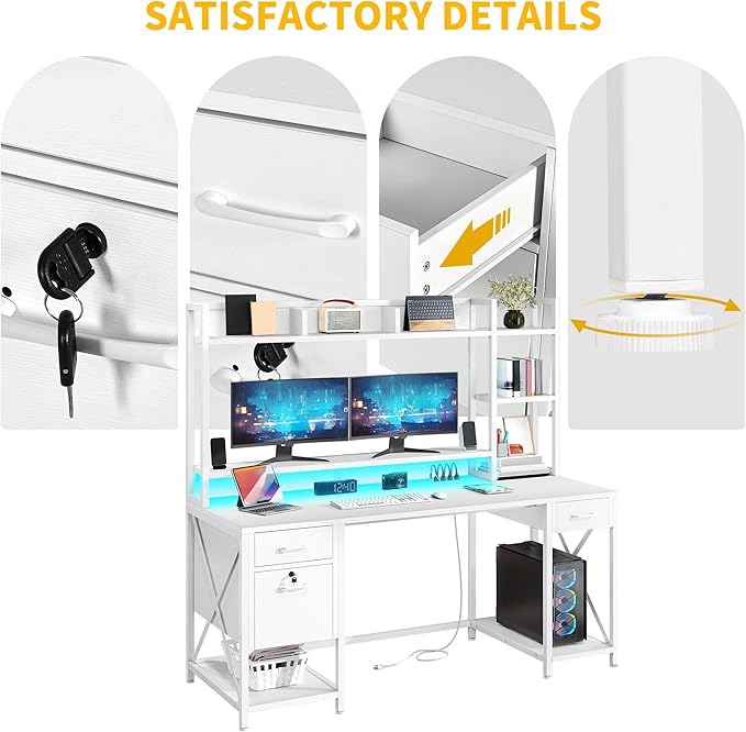 DWVO Computer Desk with Drawers & Hutch, 59.1" Office Desk with Power Outlets & LED Lights, Home Office Desk with Storage Shelves, White