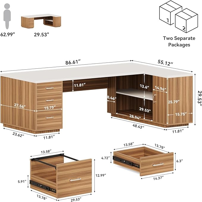 LITTLE TREE 87-Inch Modern Executive Desk with File Cabinet, Large Home Office Desk with Drawers, 3-Drawer Wooden File Cabinet, Spacious Workstation for Home Office (White & Brown)