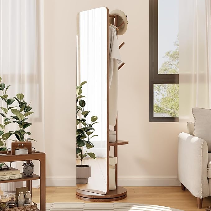 70"x16"Full Length Mirror with Stand,Coat Rack with Mirror,Solid Wood Floor Mirror,Swivel Mirrorfor Bedroom, Living Room, Cloakroom