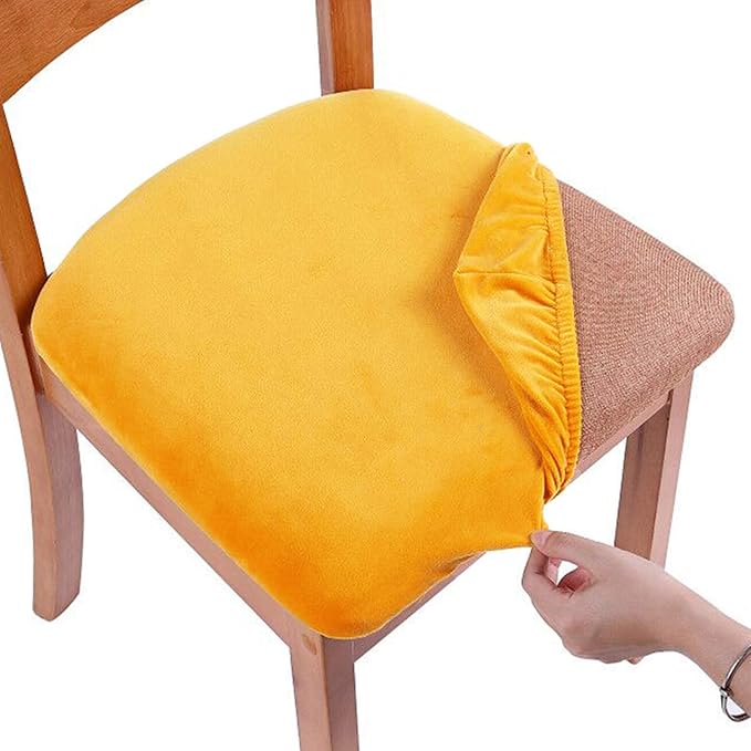 Smiry Velvet Seat Covers for Dining Room Chair Set of 2, Stretch Fit Removable Washable Chair Seat Cushion Protector Slipcovers with Ties, Mustard Yellow