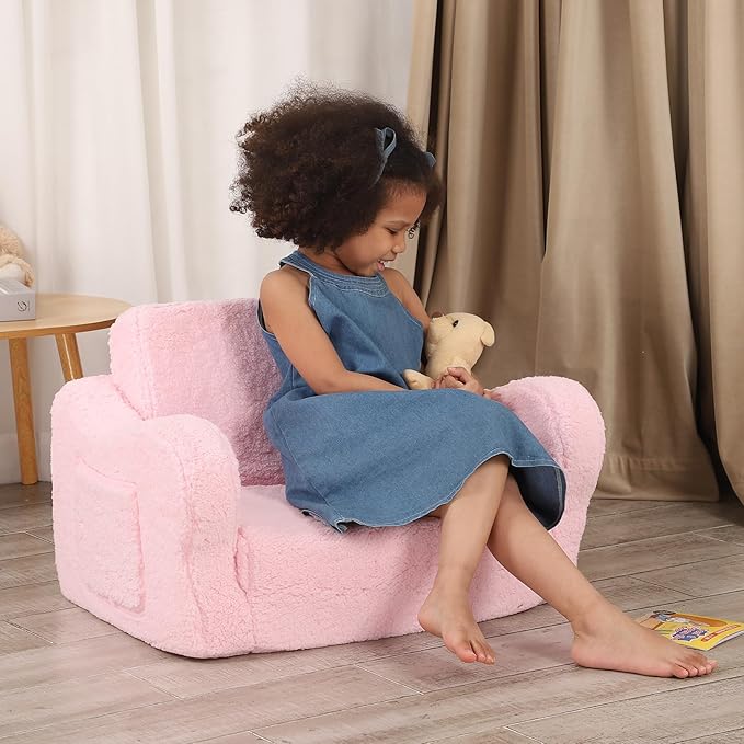 Comfy Toddler Chair, 2-in-1 Toddler Couch Fold Out, Convertible Sherpa Sofa to Lounger for Boys & Girls, Pink