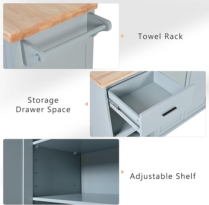49" Kitchen Island with Foldable Counter Top,Kitchen Storage Cart W/Slide-Out Shelf,Towel Rack and Drawer,Rolling Kitchen Cart on Wheels,for Kitchen,Living Room,Dining Room,Grey Blue