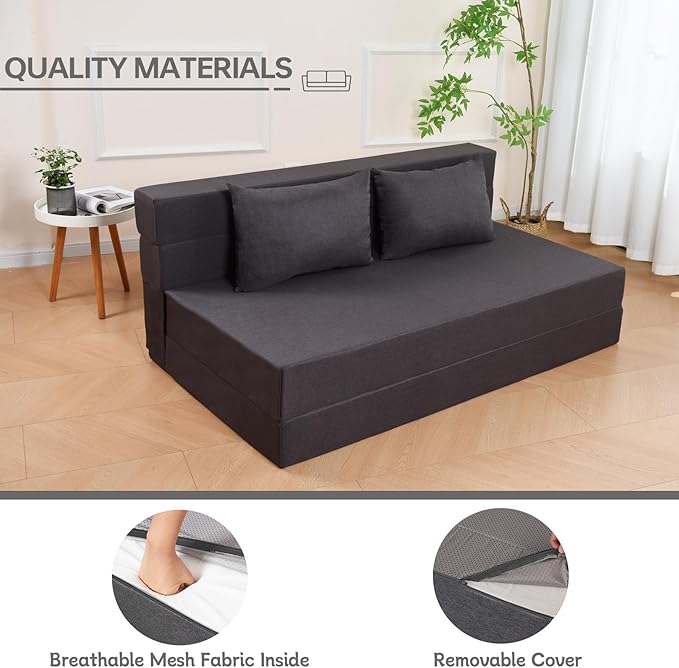 Folding Sofa Bed, Foldable Bed Sleeper Chair with Pillow, Convertible Sofa Bed with Washable Cover, Fold Out Couch,Futon Couch for Living Room, Dorm, Guest Room, Queen Size, Dark Grey