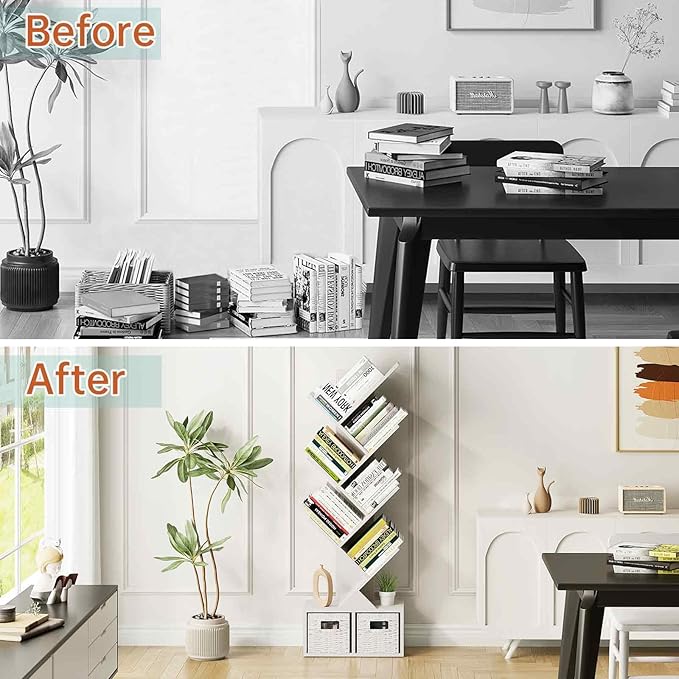 Vagusicc Tree Bookshelf, 6 Tier Bookshelf with Storage, Tall Narrow Bookcase, Rustic Wood Book Storage Rack for CDs/Books, Small Book Organizer Shelves for Bedroom, Living Room, Home Office, White