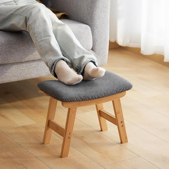 Foot Stool Ottoman Foot Rest Under Desk,Small Stool for Living Room, Bedroom and Kitchen (Natural Legs - Gray Stool Surface)